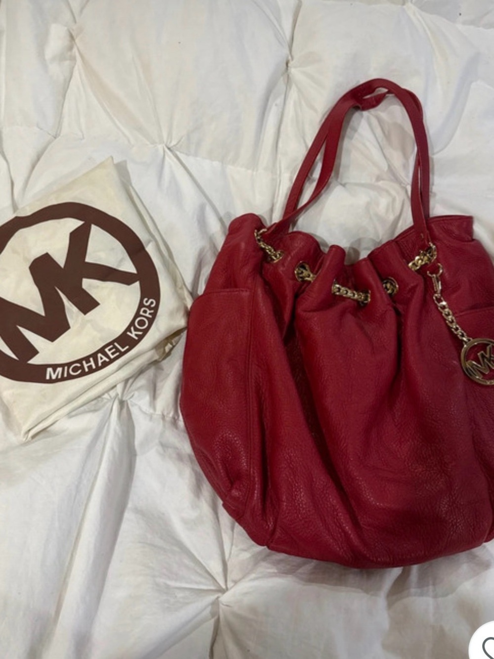 Michael Kors Red Pebbled Leather Drawstring Shoulder Tote with Gold Accents